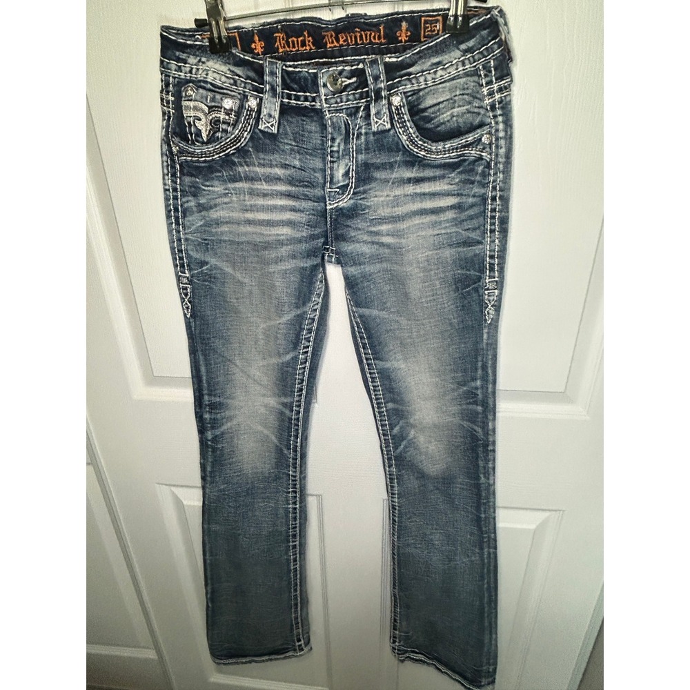Rock Revival Zarina Bootcut Jeans 25 Blue Low Rise Embellished Thick Stitch